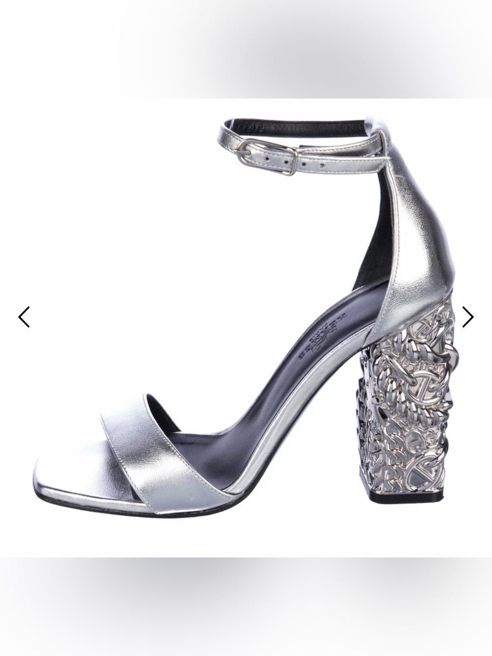 Hermes glam 105 Silver Metallic Ankle-Strap Block Heel Sandals